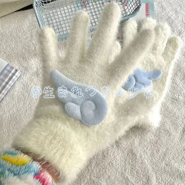 Versatile cute sweet girl milk blue wing furry gloves