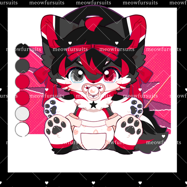 [Pre-sale adoption] - Black and red bow kitten with different eyes Kemono Fursuit Head