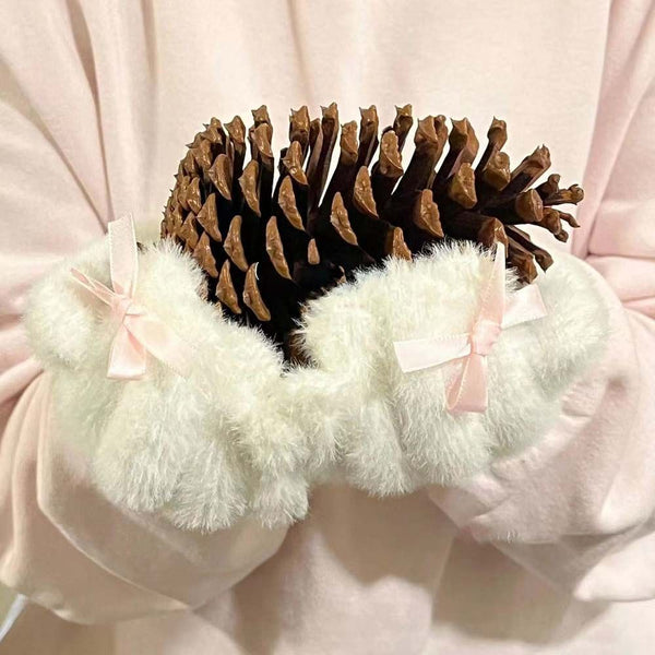 Sweet girly pink bow furry gloves