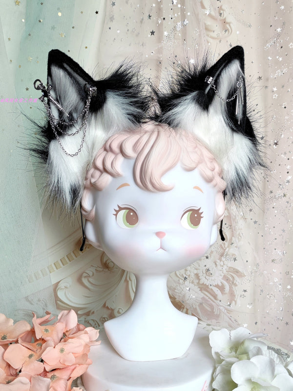 Black and white simulated animal ears plush wolf ears headband