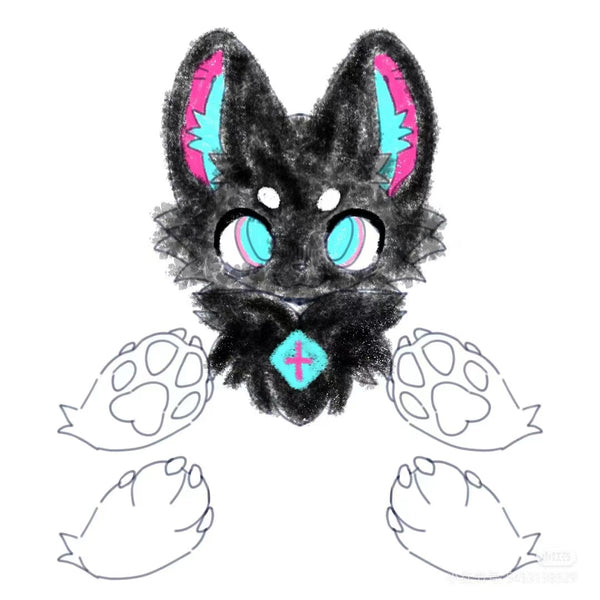 [Waiting for Adoption] - Cross Black Sacrificial Cat Kemono Fursuit Head