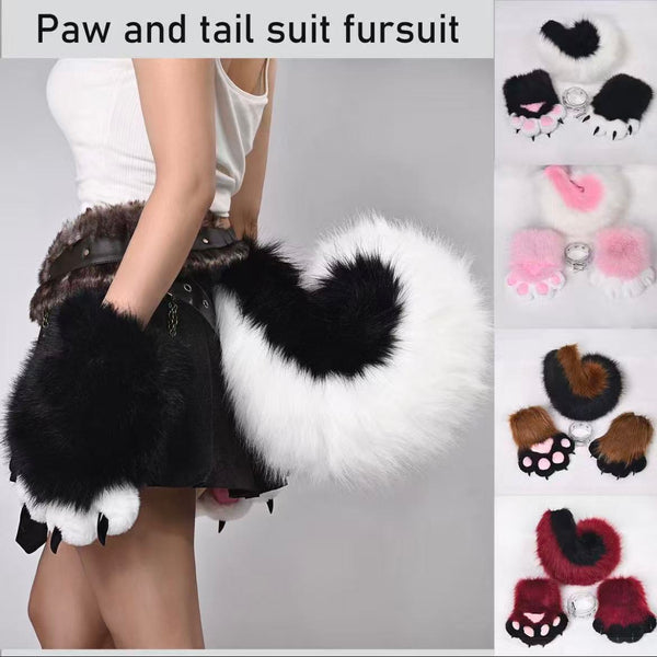 fursuit tail gloves plush cat paw set