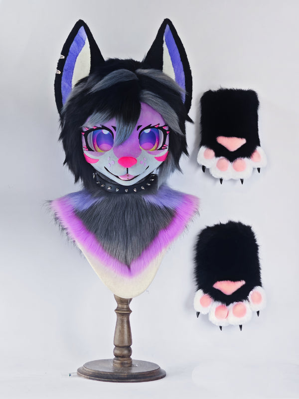 Purple Gray Wolf Kemono Head Fursuit (Gift Handpaws+Neck)