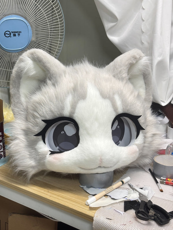 Cute gray and white cat Kemono Head Fursuit