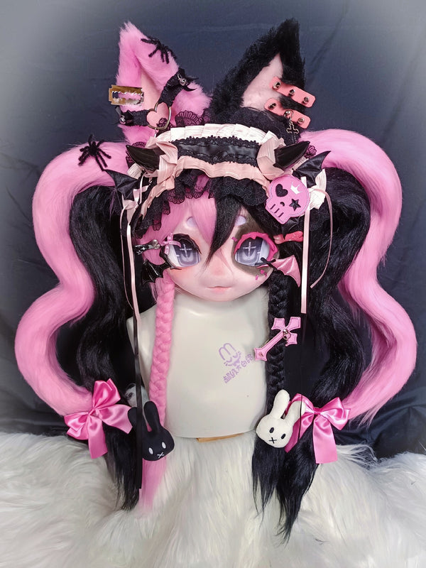 [Kitten] Twin ponytail black pink Halloween kitten kig fursuits stock