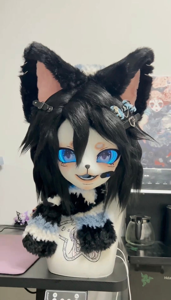 [Kitten] Abi black kitten with movable ears Kig Fursuits Stock