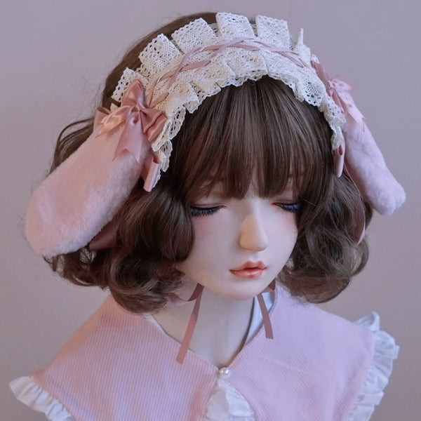 Handmade lop-eared rabbit headband lolita kc pink bow lace