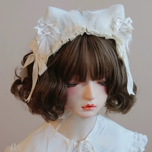 Handmade white cat ear bow headband ruffled Japanese and Korean lolita