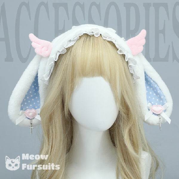 lolita rabbit ears plush headband subculture cross angel wings head