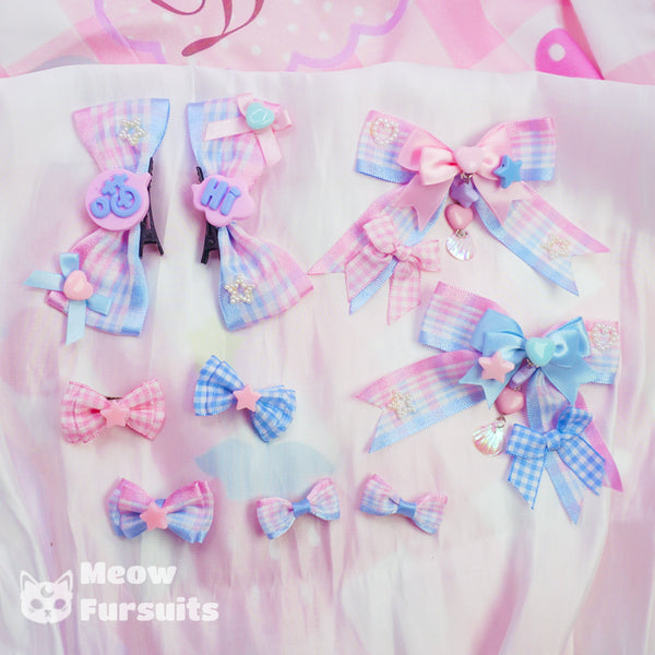 Pink and blue gradient bow hairpin side clip headdress