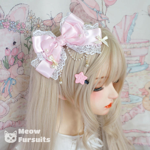 Large Lace Bow Pearl Lolita KC Hairpin