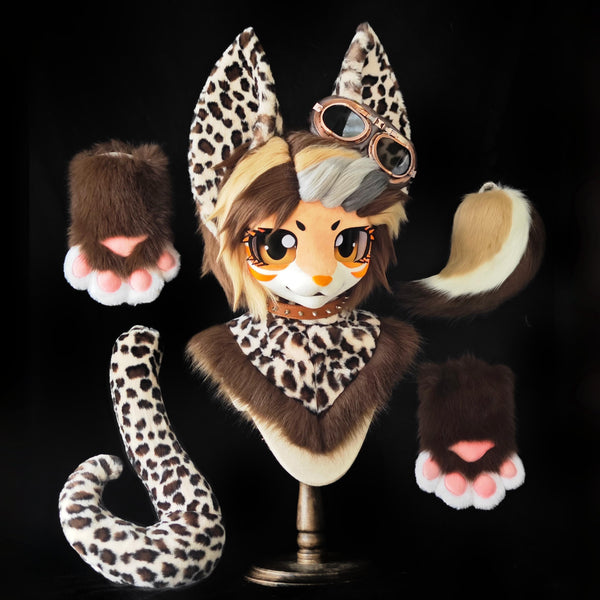 Brown Ocelot Kitten Kemono Head Fursuit (Gift Handpaws+Tail)