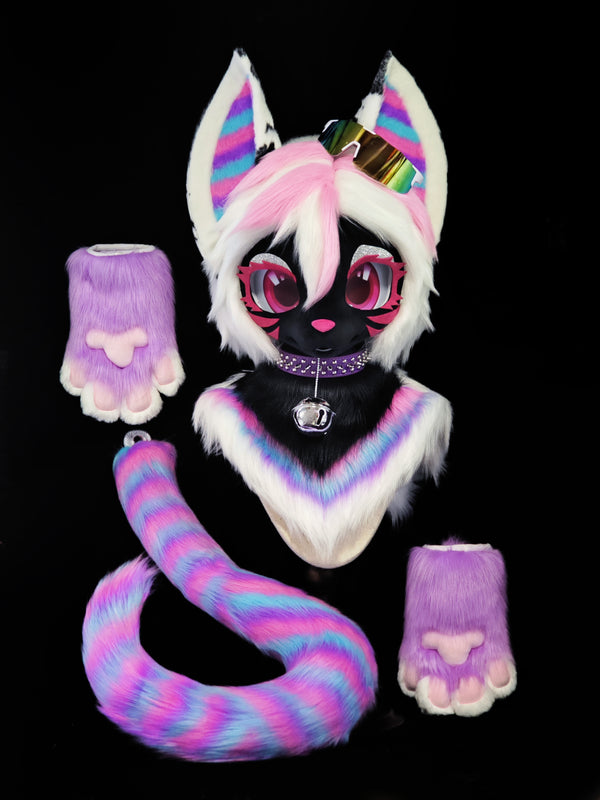 Black Rainbow Kitten Kemono Head Fursuit (Gift Handpaws+Tail)