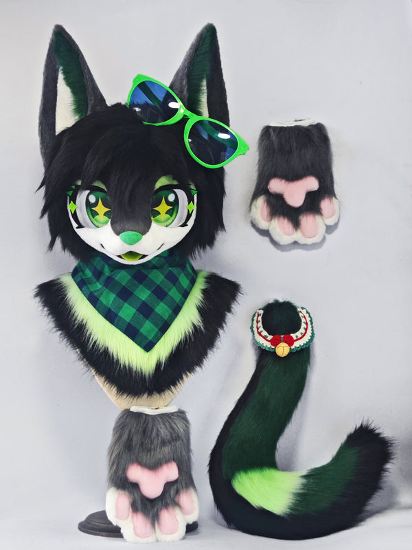 Black Green Wolf Kemono Head Fursuit (Gift Handpaws)