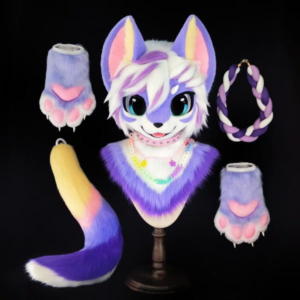White Purple Fox Kemono Head Fursuit (Gift Handpaws+Tail)