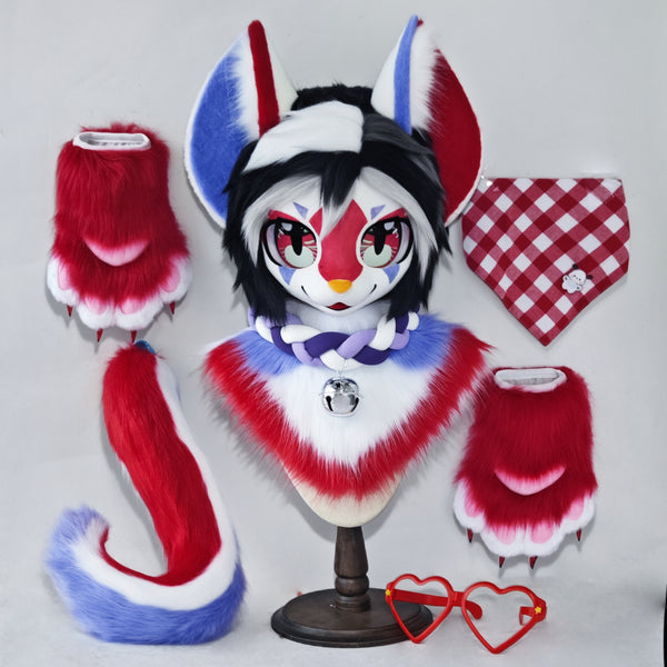 Red Purple Love Kitten Kemono Head Fursuit (Gift Handpaws+Tail)