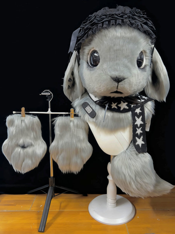 Punk Grey Bunny Kemono Head Fursuit (Gift Handpaws+Tail)