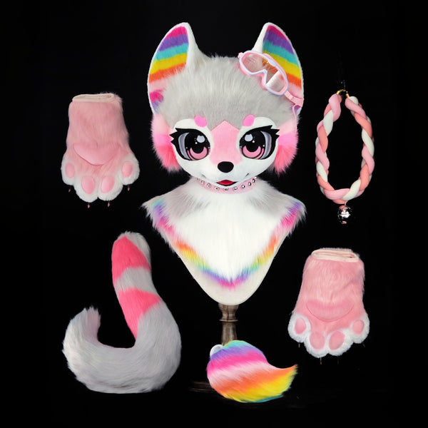 Purple Rainbow Fox Kemono Head Fursuit (Gift Handpaws+Tail)