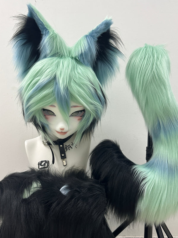 Black Blue Fox Kig Head Fursuit (Gift Handpaws+Tail)