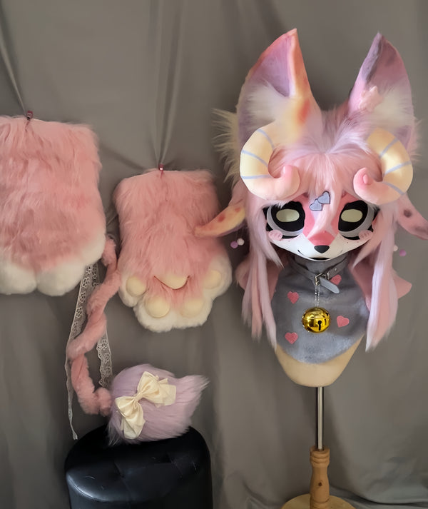 Pink Four-ears Goat Kemono Head Fursuit (Gift Handpaws+Tail)