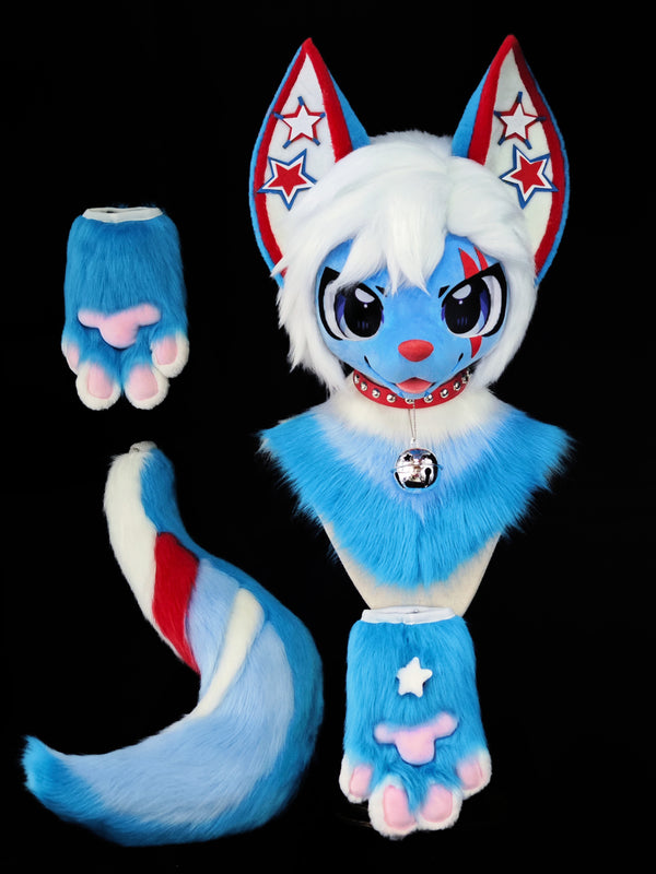 Blue Red Kitten Kemono Head Fursuit (Gift Handpaws+Tail)