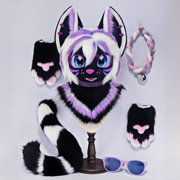 Black Purple Kitten Kemono Head Fursuit (Gift Handpaws+Tail)