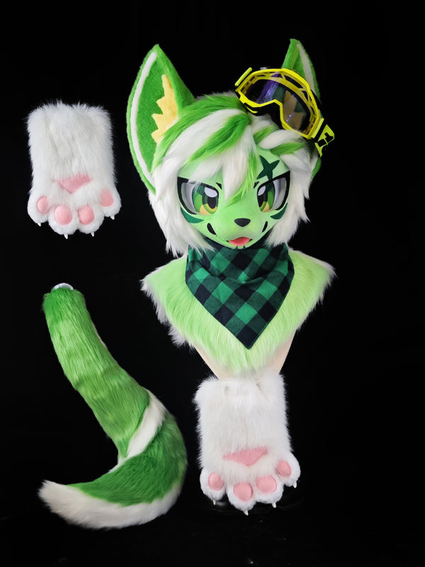 Green Wolf Kemono Head Fursuit (Gift Handpaws+Tail)