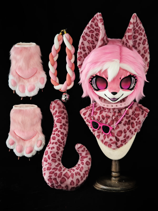 Pink Leopard Kemono Head Fursuit (Gift Handpaws+Tail)