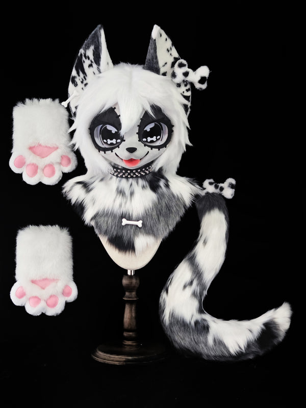 Black White Bone Kitten Kemono Head Fursuit (Gift Handpaws+Tail)