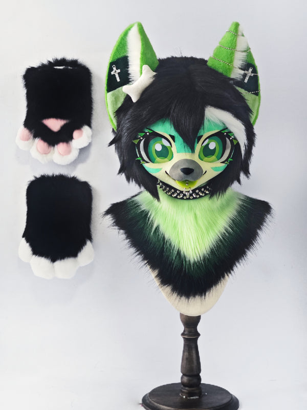 Black Green Kitten Kemono Head Fursuit (Gift Handpaws)