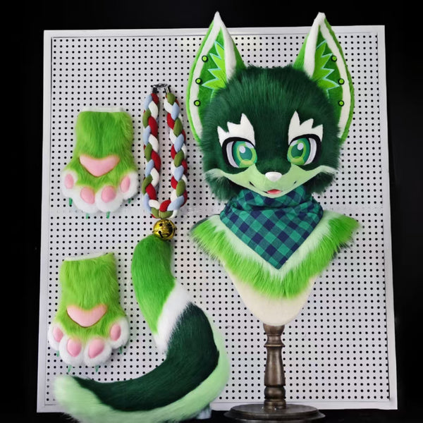 Green Kitten Kemono Head Fursuit (Gift Handpaws +Tails)