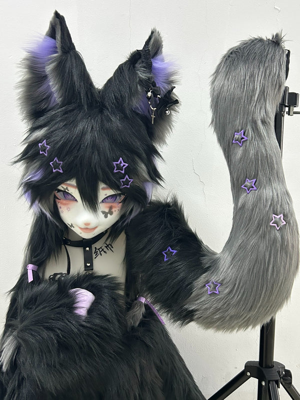 Black Purple Fox Kig Head Fursuit (Gift Handpaws+Tail)