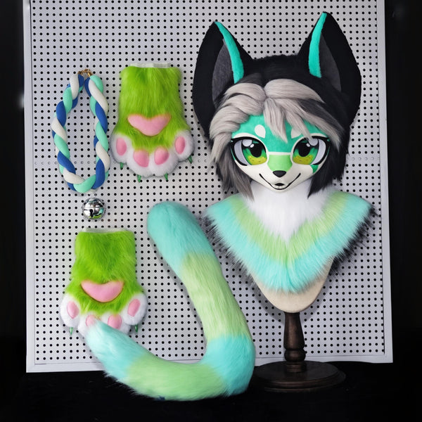 Apple Green Kitten Kemono Head Fursuit (Gift Handpaws+Tail)