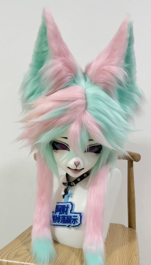 Pink Green Fox Kig Head Fursuit
