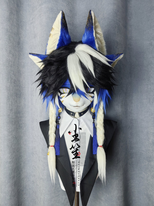 Four-eared Dark Blue Fox Kig Head Fursuit