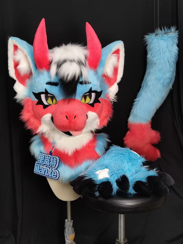 Red Blue Dragon Kemono Head Fursuit (Gift Handpaws+Tail)