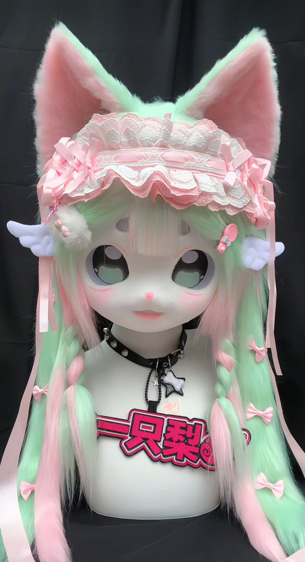 Pink GreenKitten Kig Head Fursuit