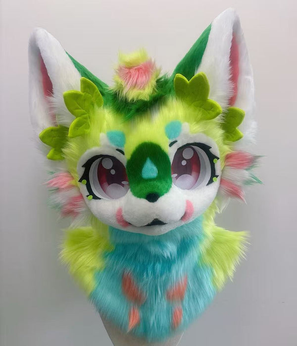 Green Leaves Dragon Kemono Head Fursuit (Gift Handpaws+Fan)