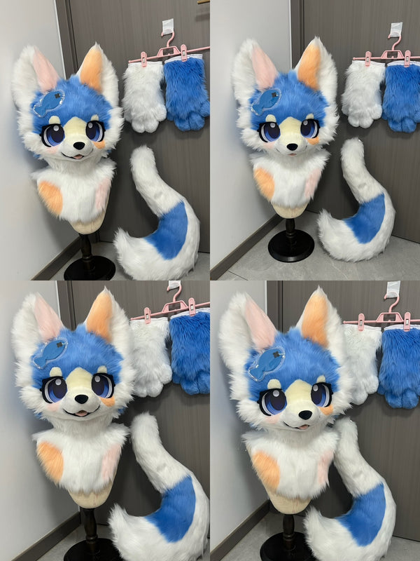 Blue White Puppy Kemono Head Fursuit (Gift Handpaws+Tail)