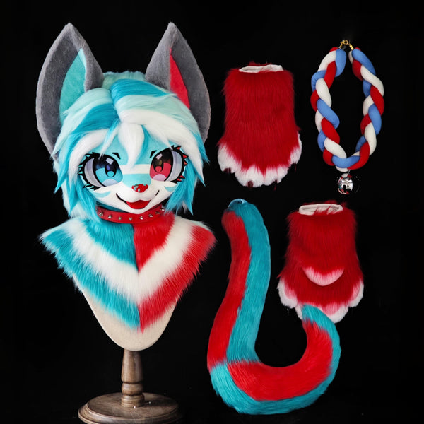 Red & Blue Stripes Kitten Head Fursuit (Gift Handpaws+Tail)