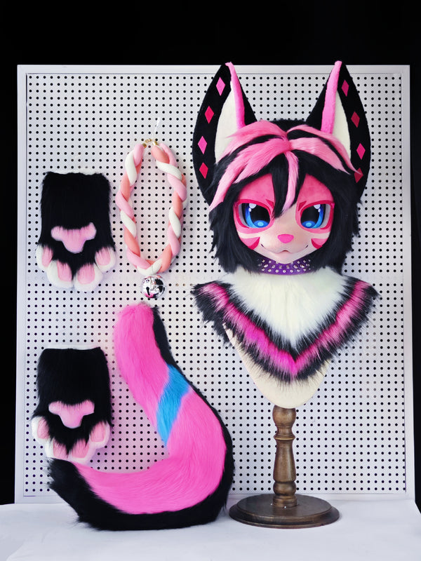 Black Pink Kemono Head Fursuit (Gift Handpaws+Tail)