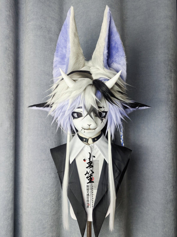 White Purple Fox Kig Head Fursuit (Detachable Electric Ears)