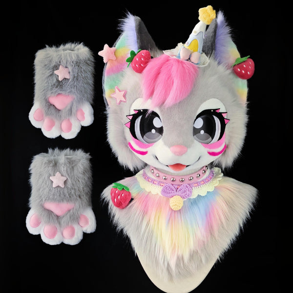 Grey Rainbow Kitten Kemono Head Fursuit (Gift Handpaws)